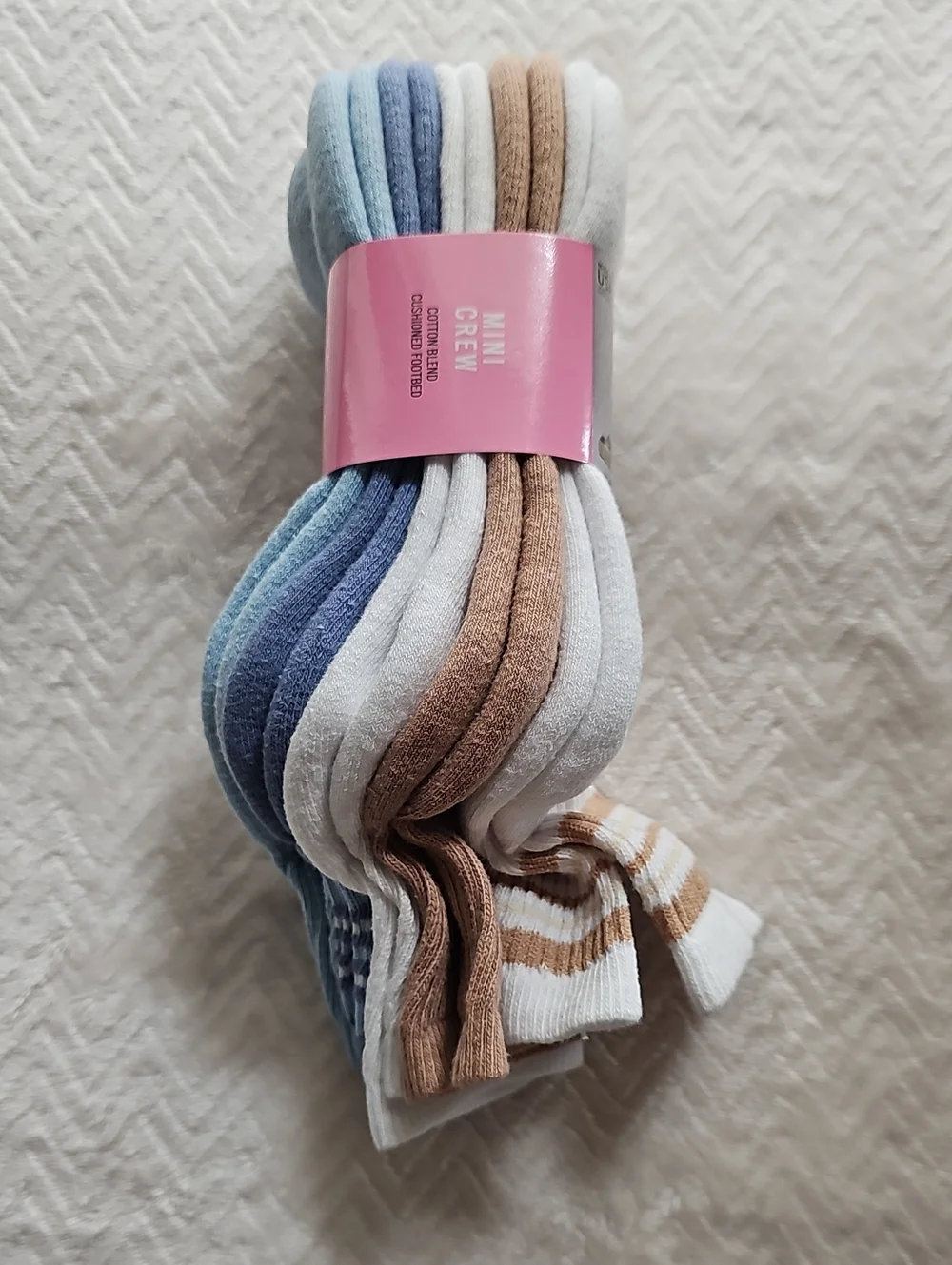 Hue Women's Mini-Crew Sock 5 Pack — Blue, White & Brown 5 Pairs NWT Cotton Nylon